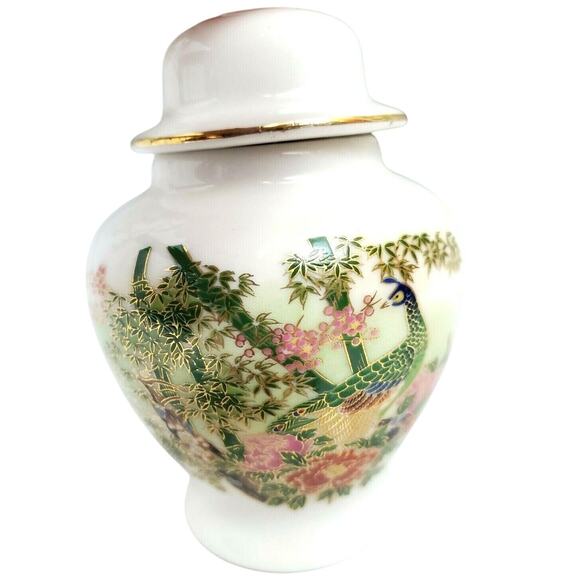 Vintage OMC Otagiri Japan Mini Urn Vase Peacock Bamboo Garden Gold Ginger Jar - Picture 1 of 9